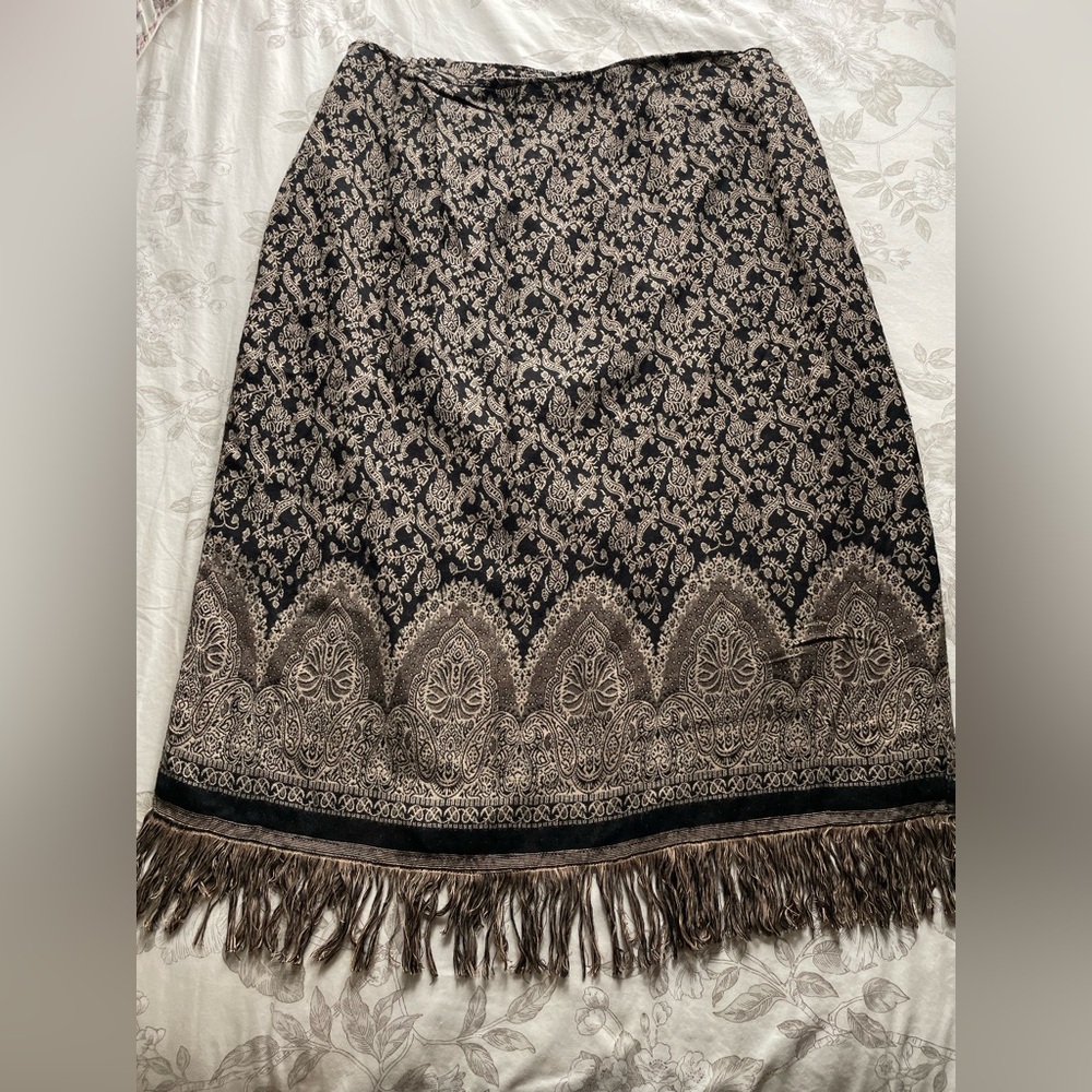 Vintage Black Tan Floral Embroidered Fringe Scarf Skirt 22 Academia Preppy Chic
